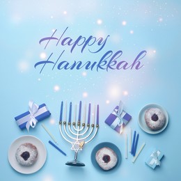 Image of Happy Hanukkah. Menorah, candles, donuts and gifts on light blue background, flat lay