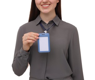 Woman with blank badge on white background, closeup