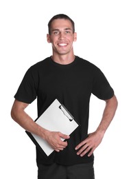 Photo of Portrait of personal trainer with clipboard on white background. Gym instructor