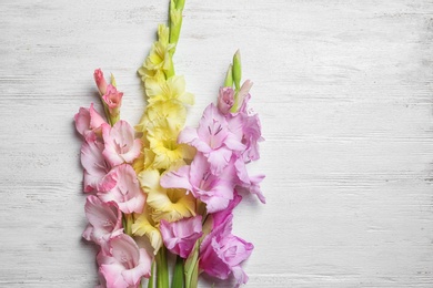 Flat lay composition with beautiful gladiolus flowers on wooden background