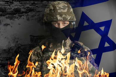 Image of Military, flag of Israel, flame and ruined wall, double exposure