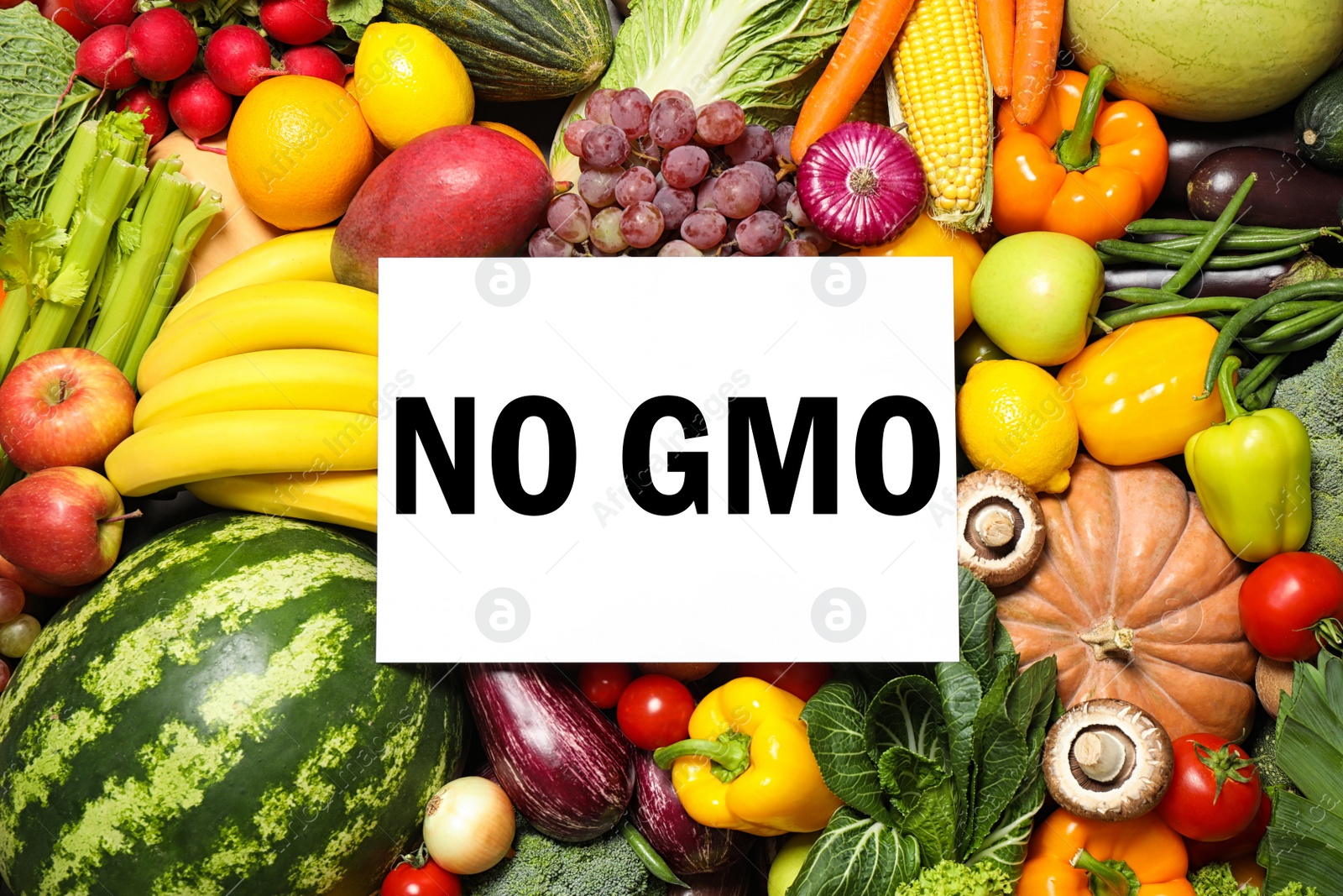 Image of Card with text NO GMO and assortment of organic fresh fruits and vegetables, top view