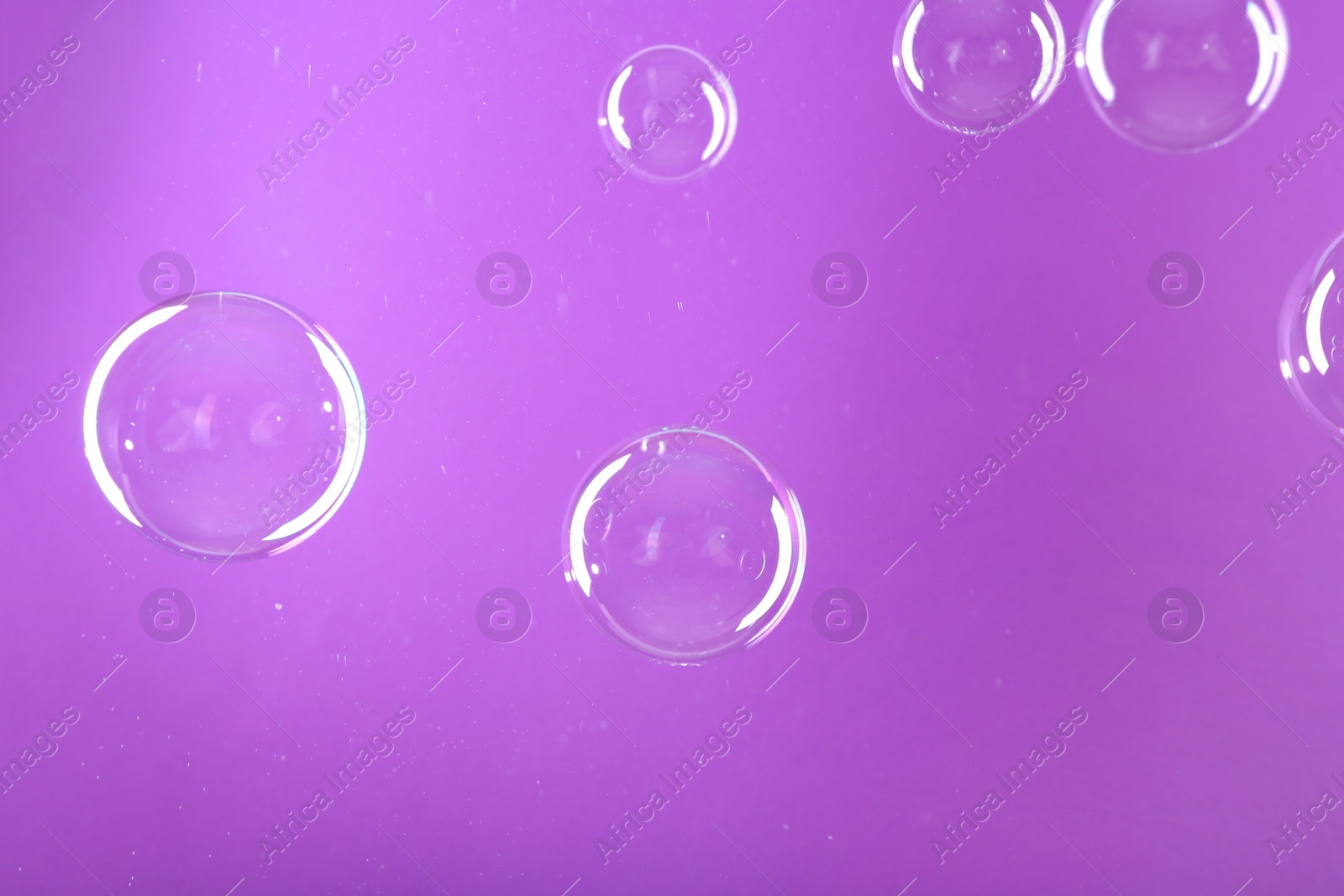 Photo of Beautiful transparent soap bubbles on violet background