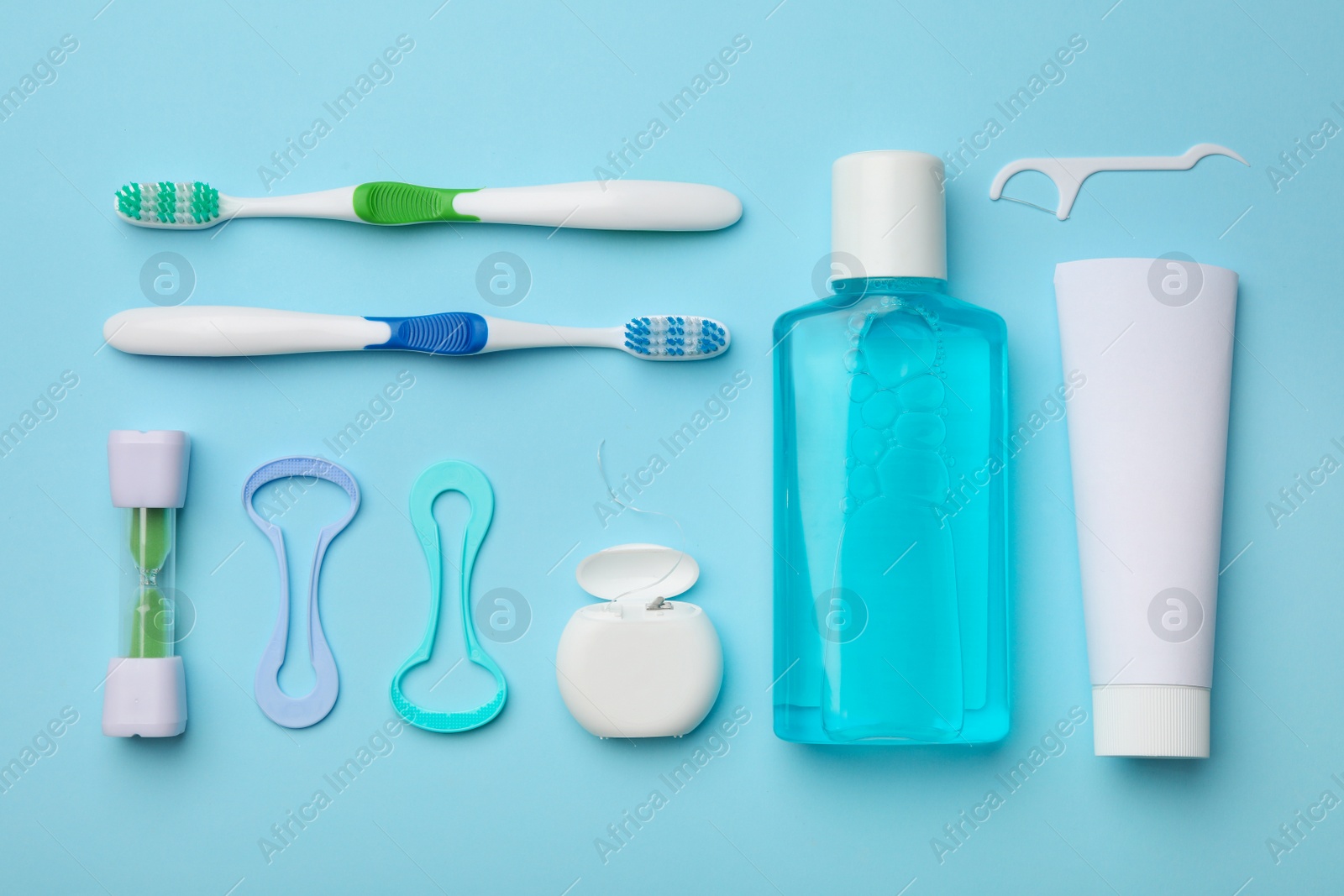 Photo of Flat lay composition with tongue cleaner on color background