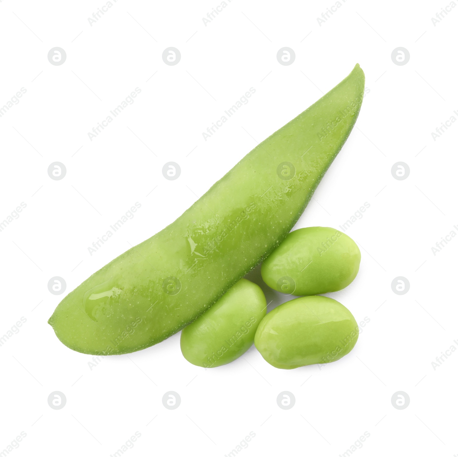 Photo of Fresh green edamame pod with beans on white background, top view