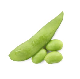 Fresh green edamame pod with beans on white background, top view