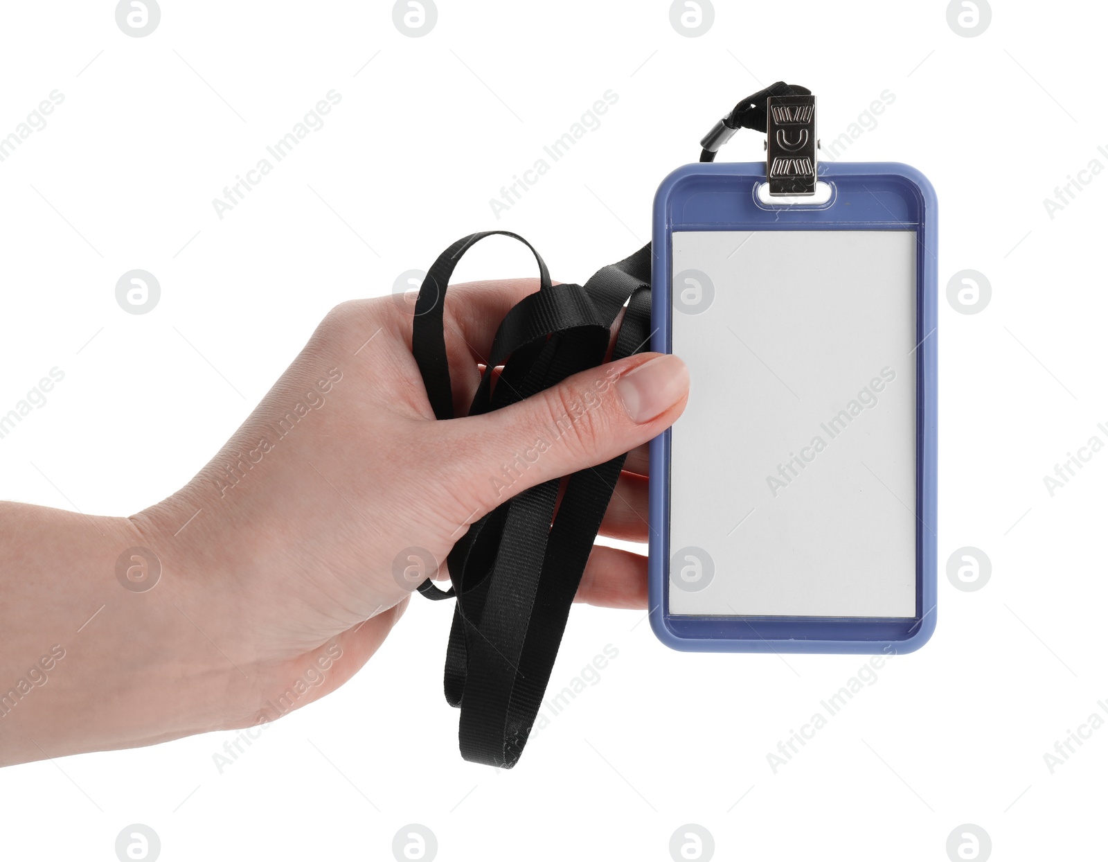 Photo of Woman holding blank badge with string on white background