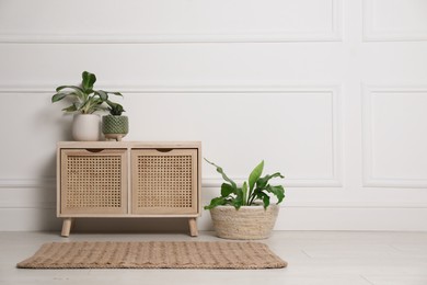 Stylish room interior with wooden chest of drawers and green plants near white wall