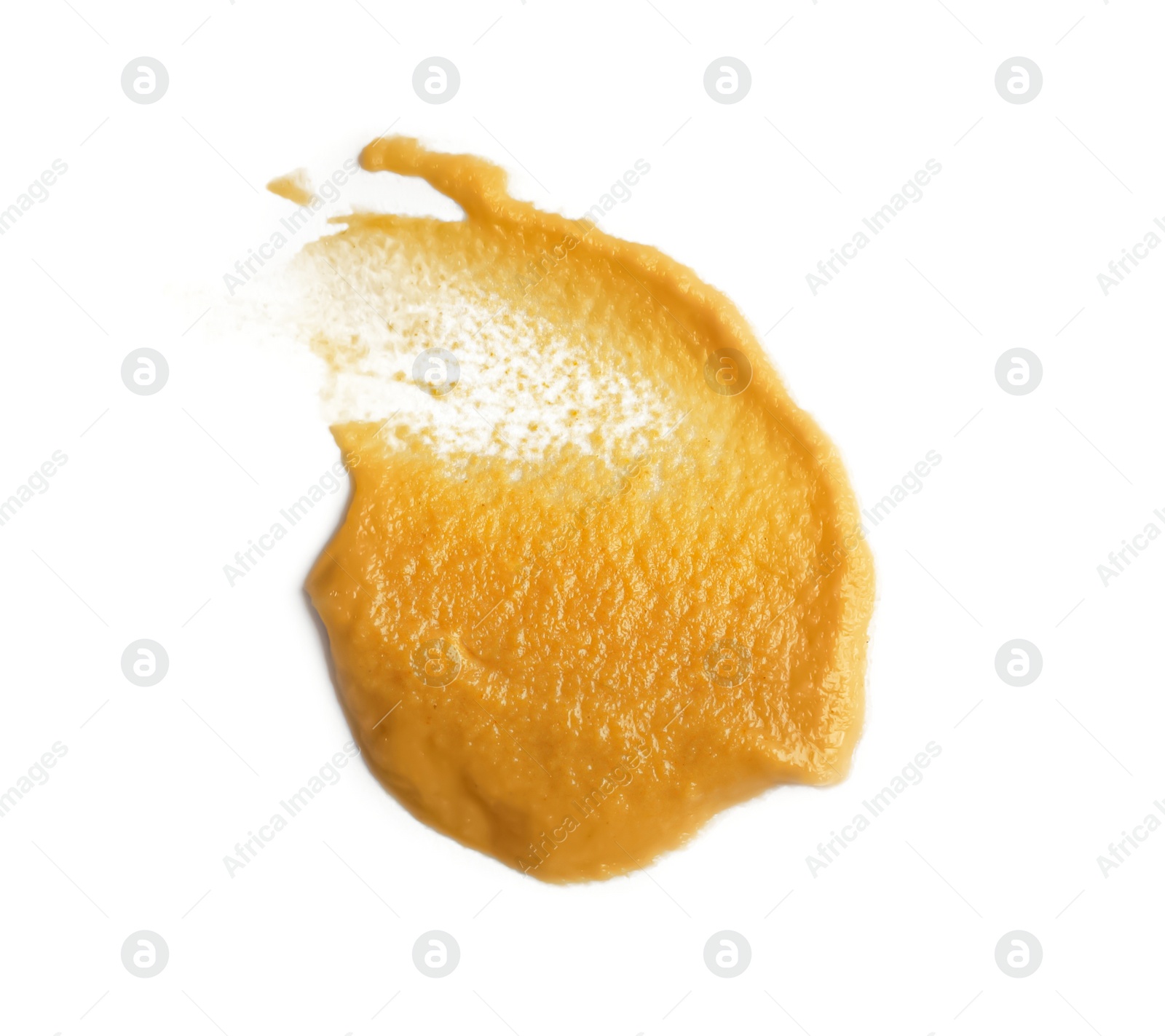 Photo of Tasty mustard isolated on white, top view. Spicy sauce