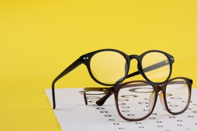 Photo of Vision test chart and glasses on yellow background, space for text