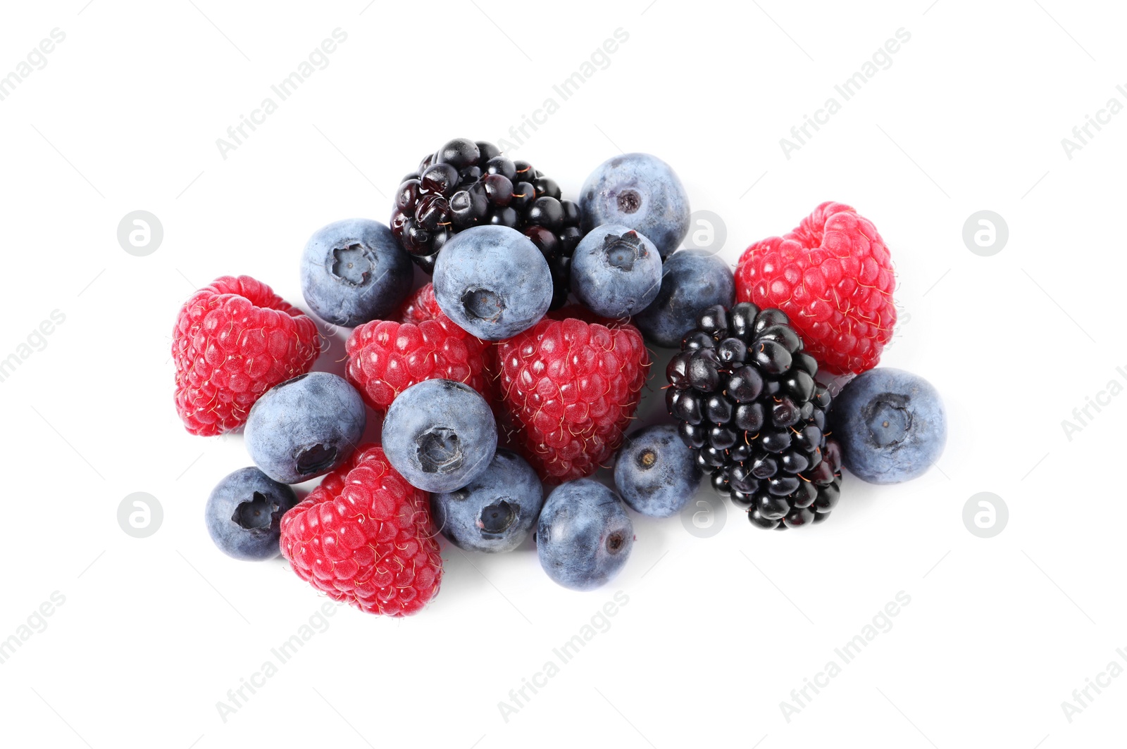 Photo of Many different ripe berries isolated on white, top view