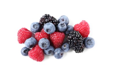 Many different ripe berries isolated on white, top view