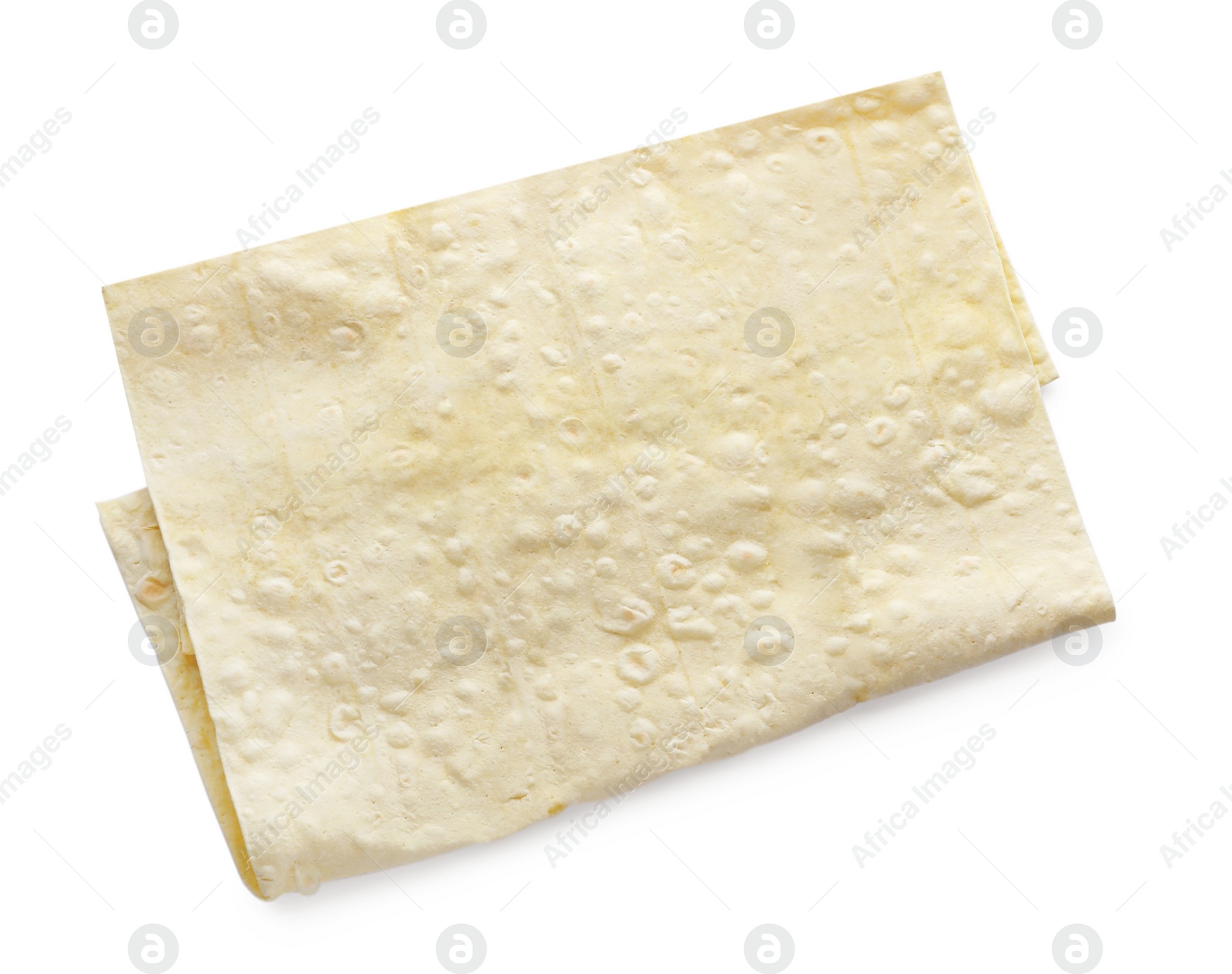 Photo of Delicious folded Armenian lavash on white background, top view