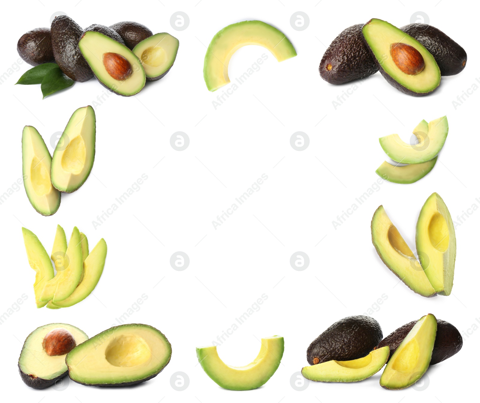 Image of Set of ripe avocados on white background