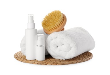 Photo of Composition with rolled towels and different spa products on white background