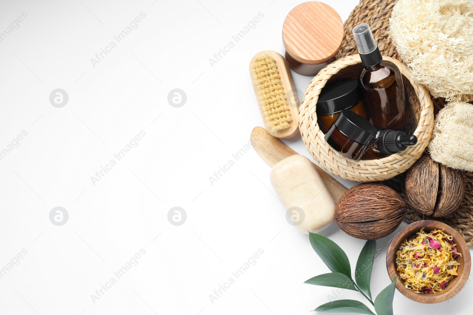 Photo of Bath accessories. Different personal care products on white background, flat lay with space for text