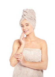 Portrait of young pretty woman with towels on white background