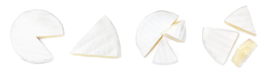 Image of Set with tasty brie cheese on white background, top view. Banner design