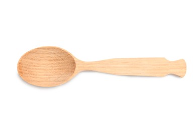 Photo of Handmade wooden spoon isolated on white, top view