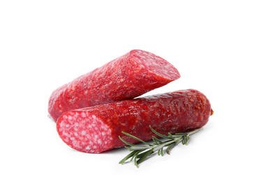 Photo of Tasty cut sausage on white background. Meat product