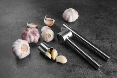 Photo of Garlic press, bulbs and cloves on grey table. Kitchen utensil
