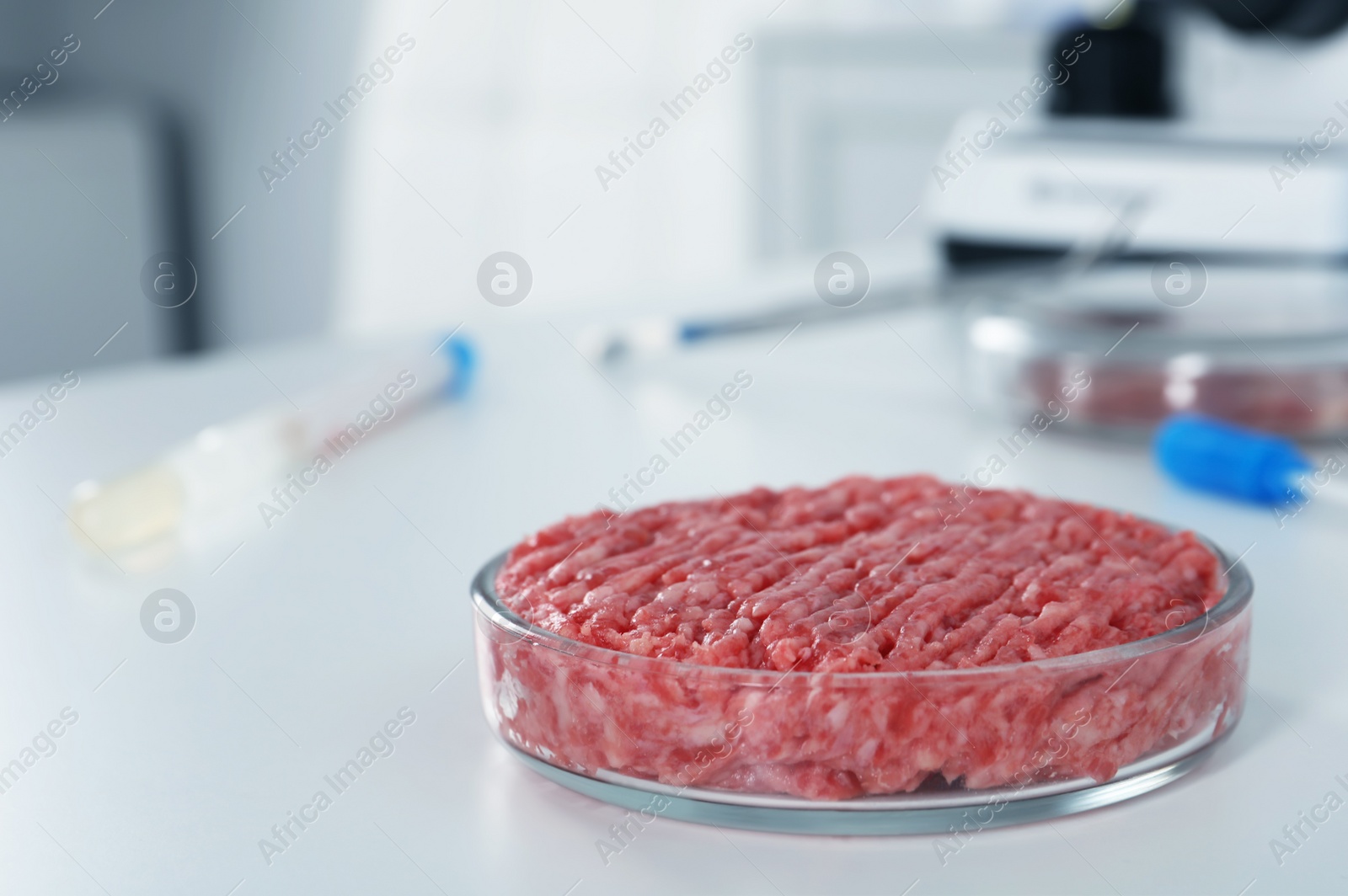 Photo of Petri dish with raw minced cultured meat on white table in laboratory, space for text