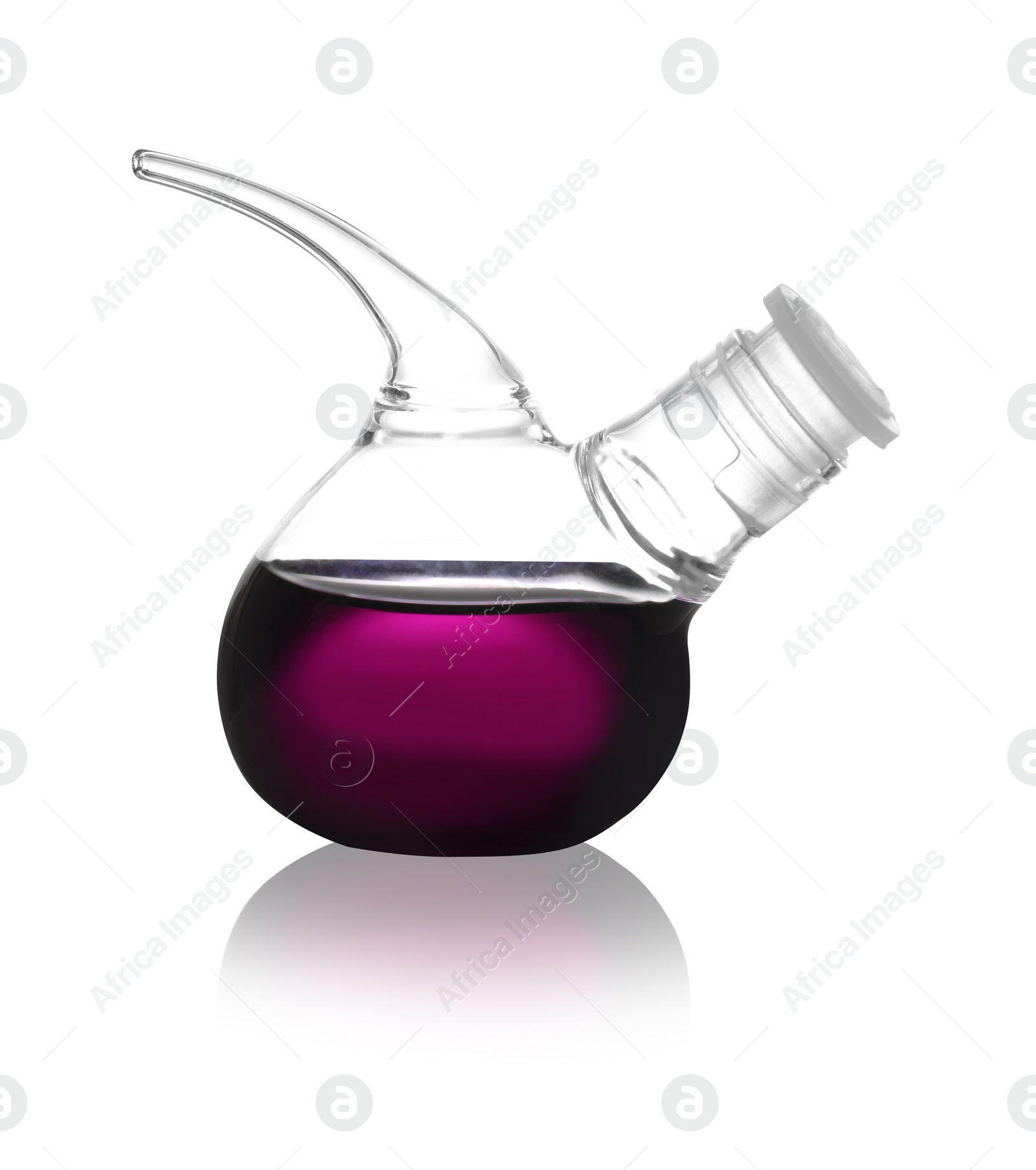 Photo of Retort flask with color liquid isolated on white. Solution chemistry