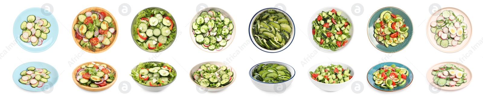 Image of Set of delicious salad with cucumbers and different ingredients on white background. Banner design