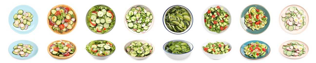 Image of Set of delicious salad with cucumbers and different ingredients on white background. Banner design