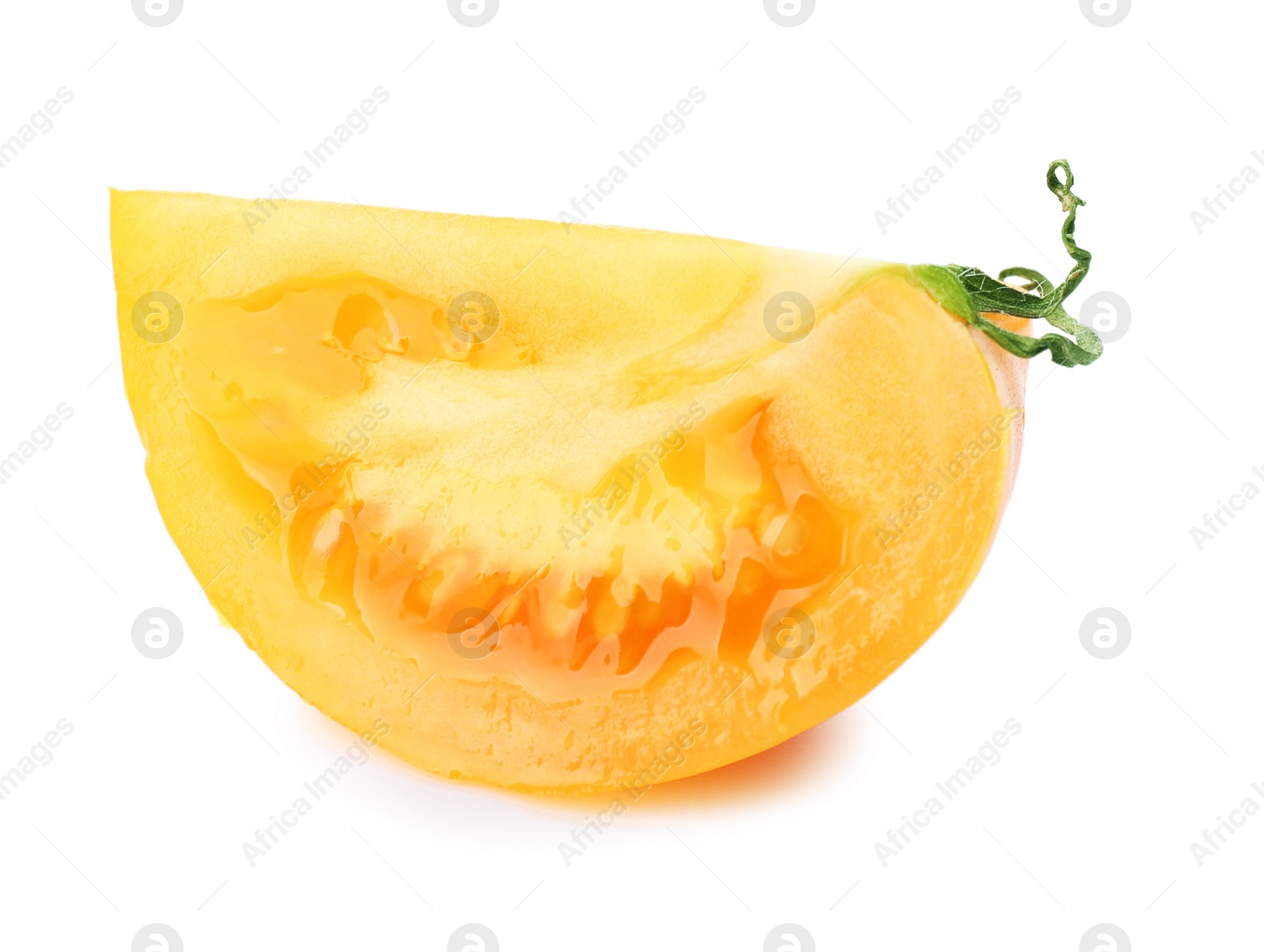 Photo of Piece of delicious ripe yellow tomato isolated on white