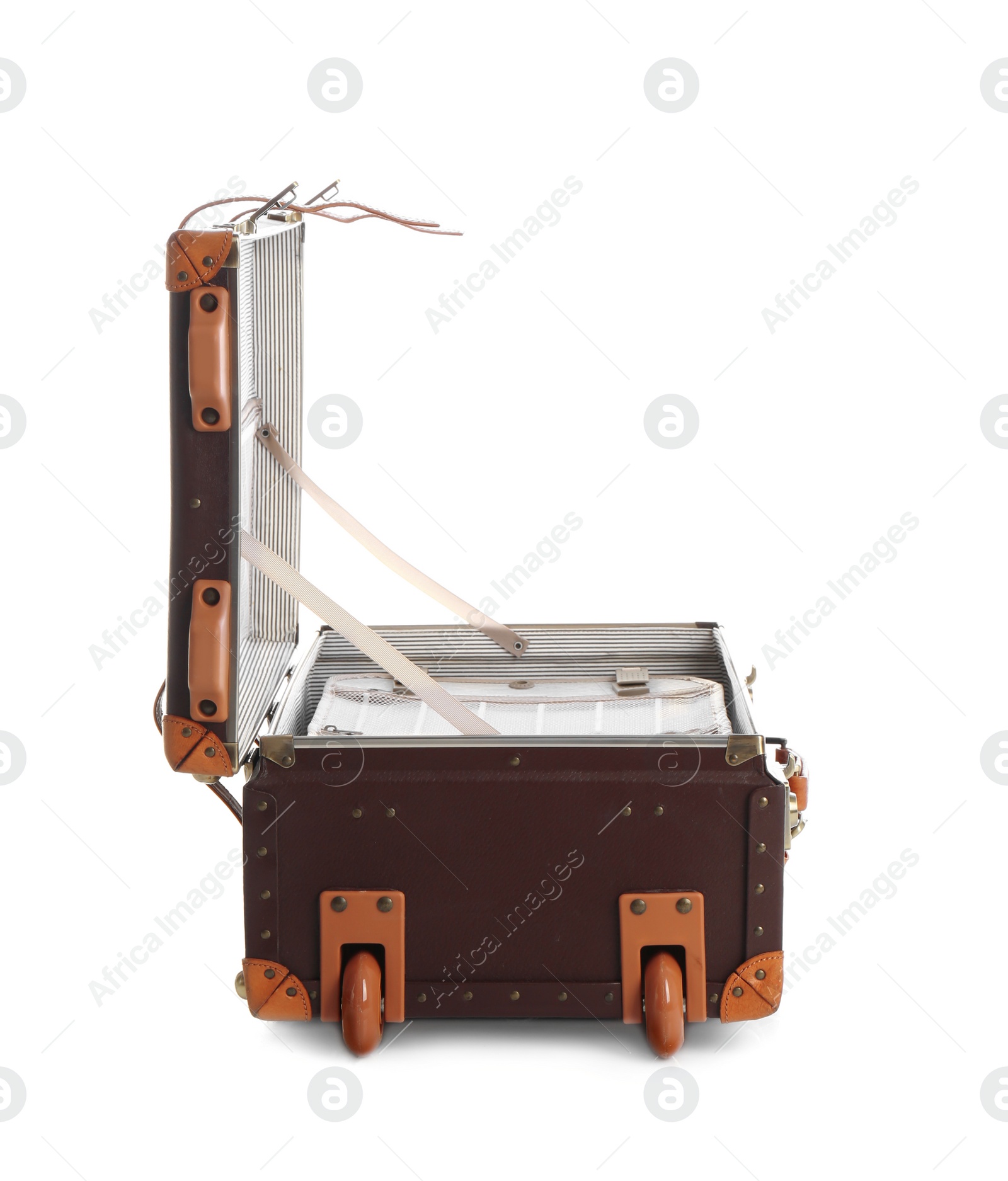 Photo of Open suitcase for travelling on white background