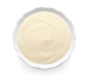 Photo of Bowl with vanilla pudding on white background