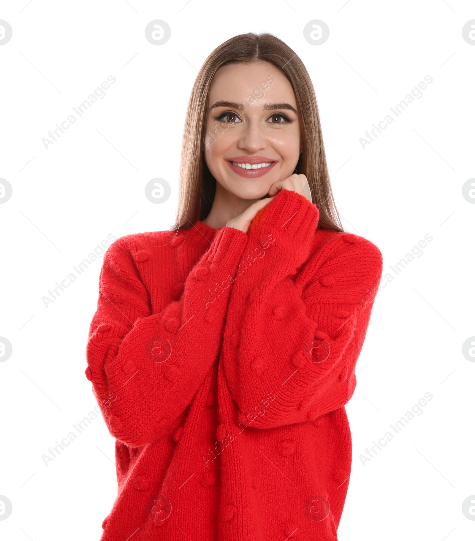 Photo of Beautiful young woman in red sweater on white background. Winter season