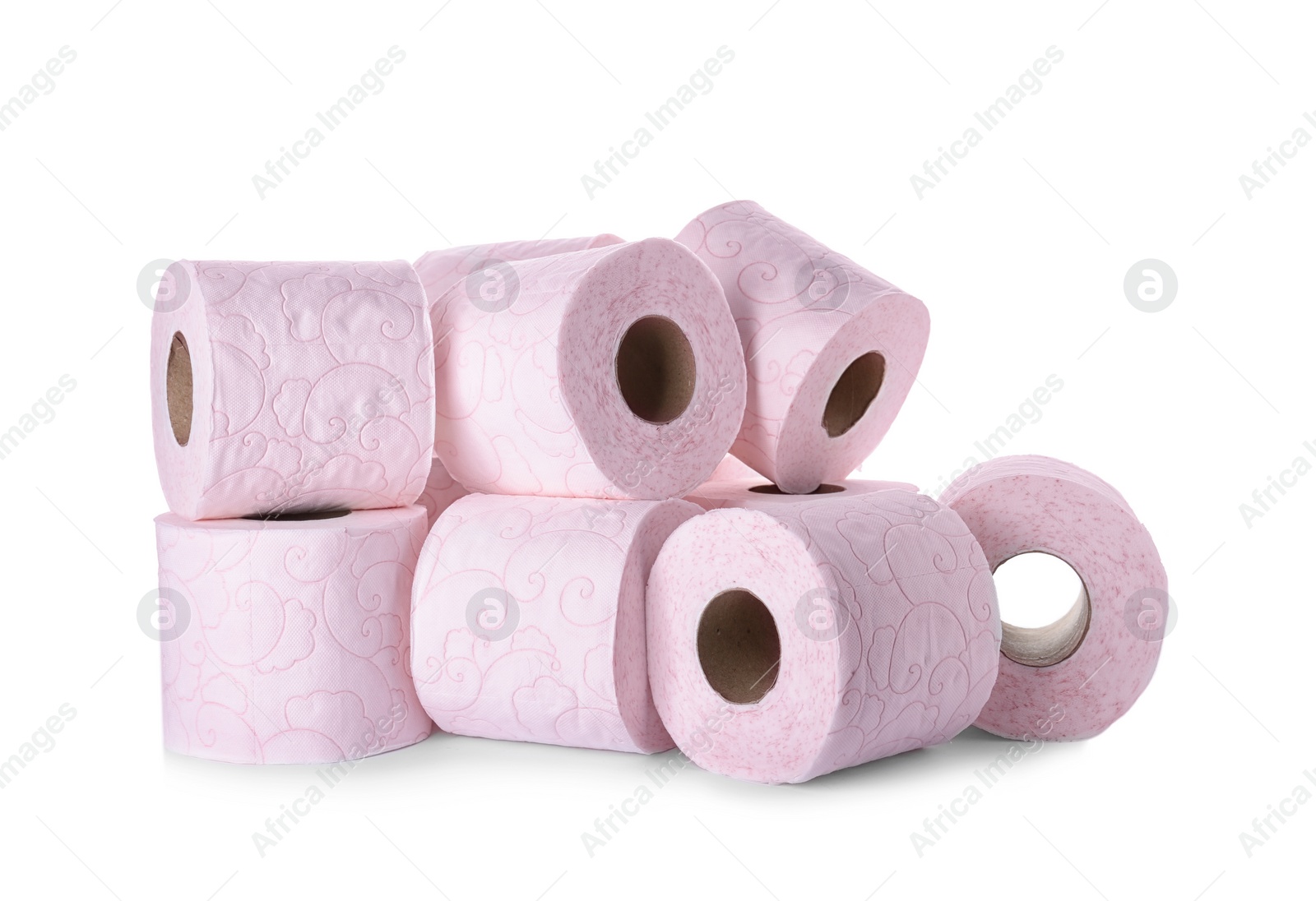 Photo of Rolls of toilet paper on white background. Personal hygiene