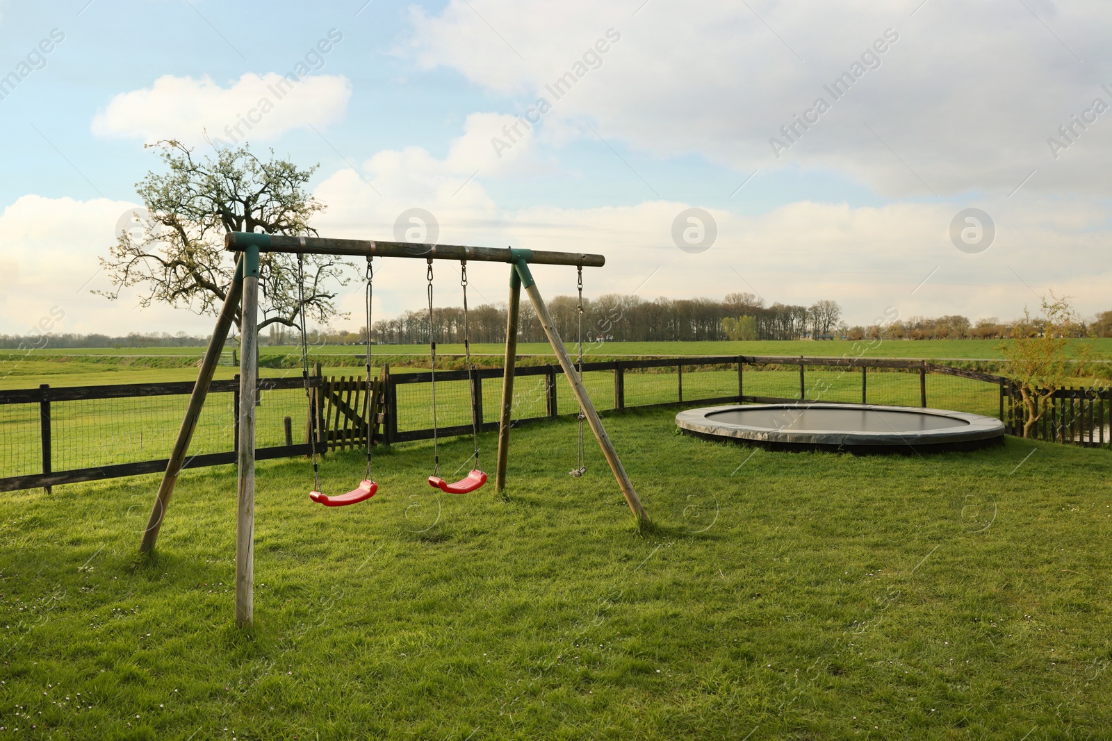 Photo of Wooden swings and trampoline on green lawn outdoors