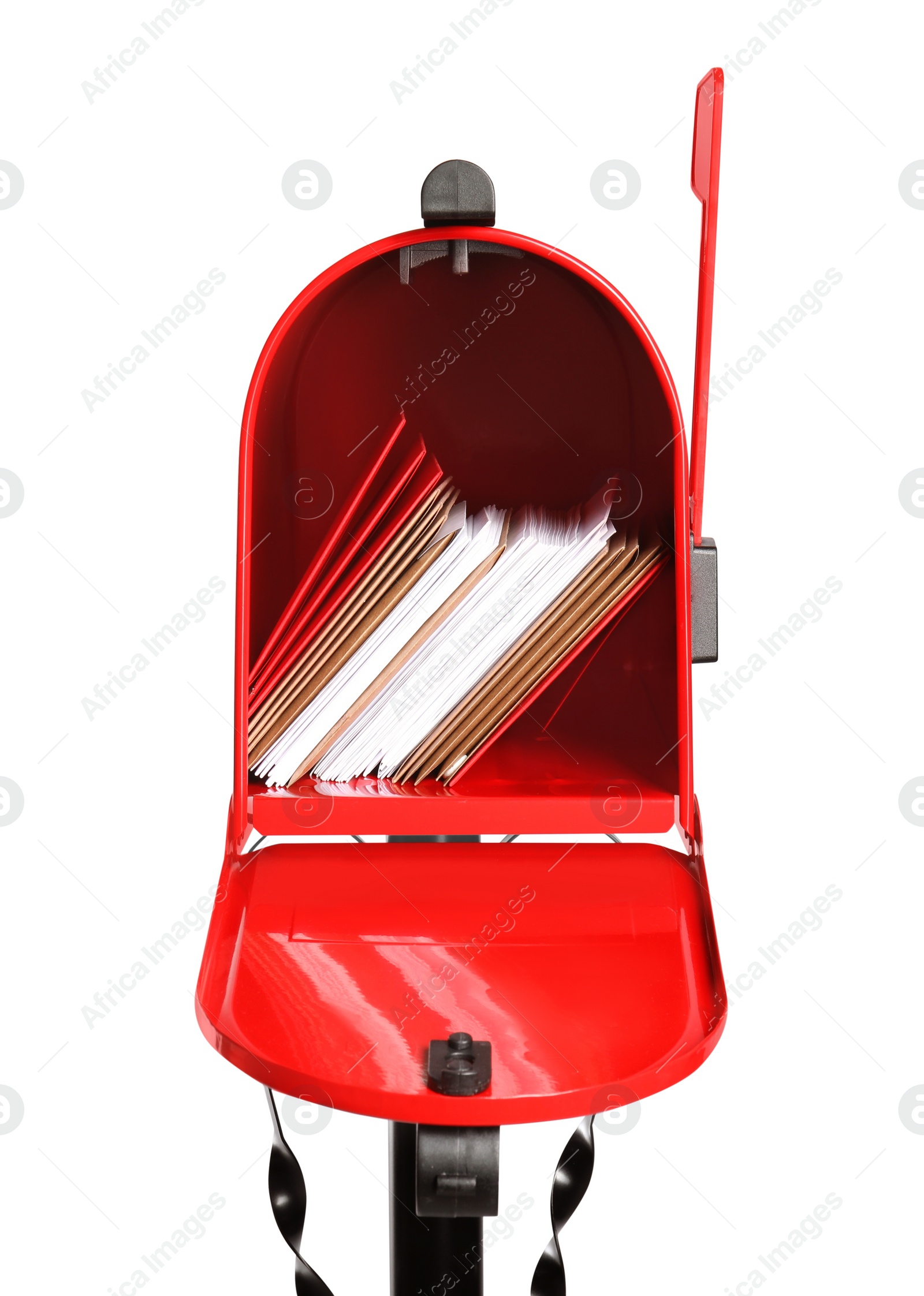 Photo of Red letter box with envelopes isolated on white