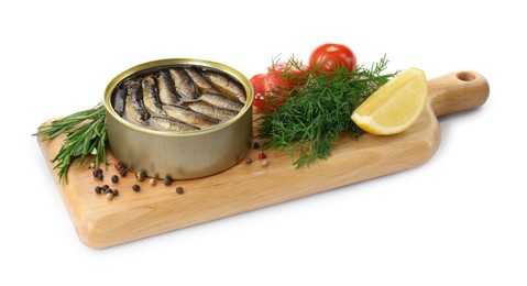 Photo of Board with canned sprats, herbs, peppercorns, lemon and tomatoes isolated on white