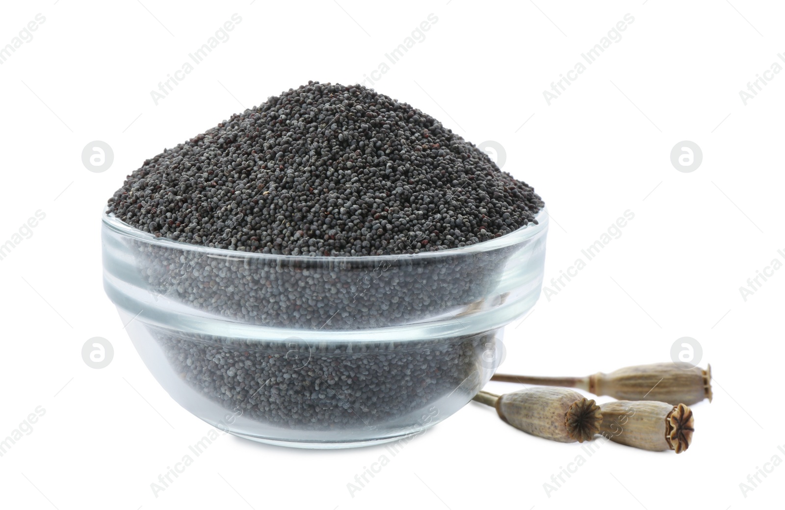 Photo of Poppy seeds in glass bowl isolated on white