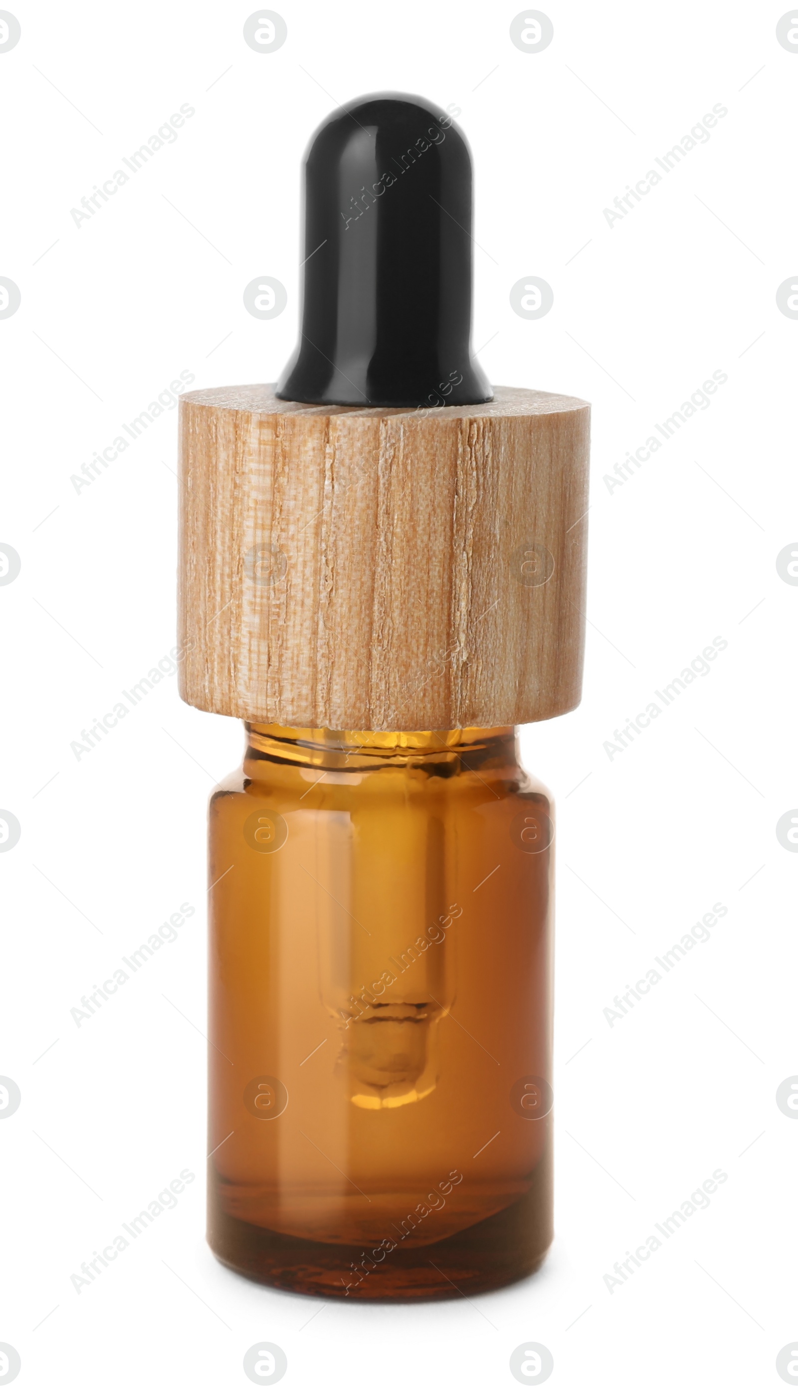 Photo of Bottle of essential oil isolated on white