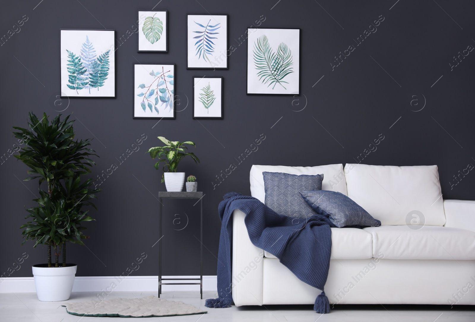 Photo of Beautiful paintings of leaves on black wall in living room interior