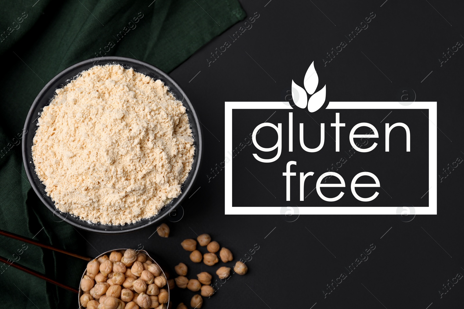 Image of Gluten free products. Chickpea flour in bowl and text on black table, top view