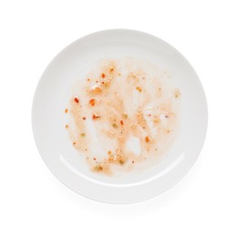 Dirty plate with smeared sauce on white background, top view