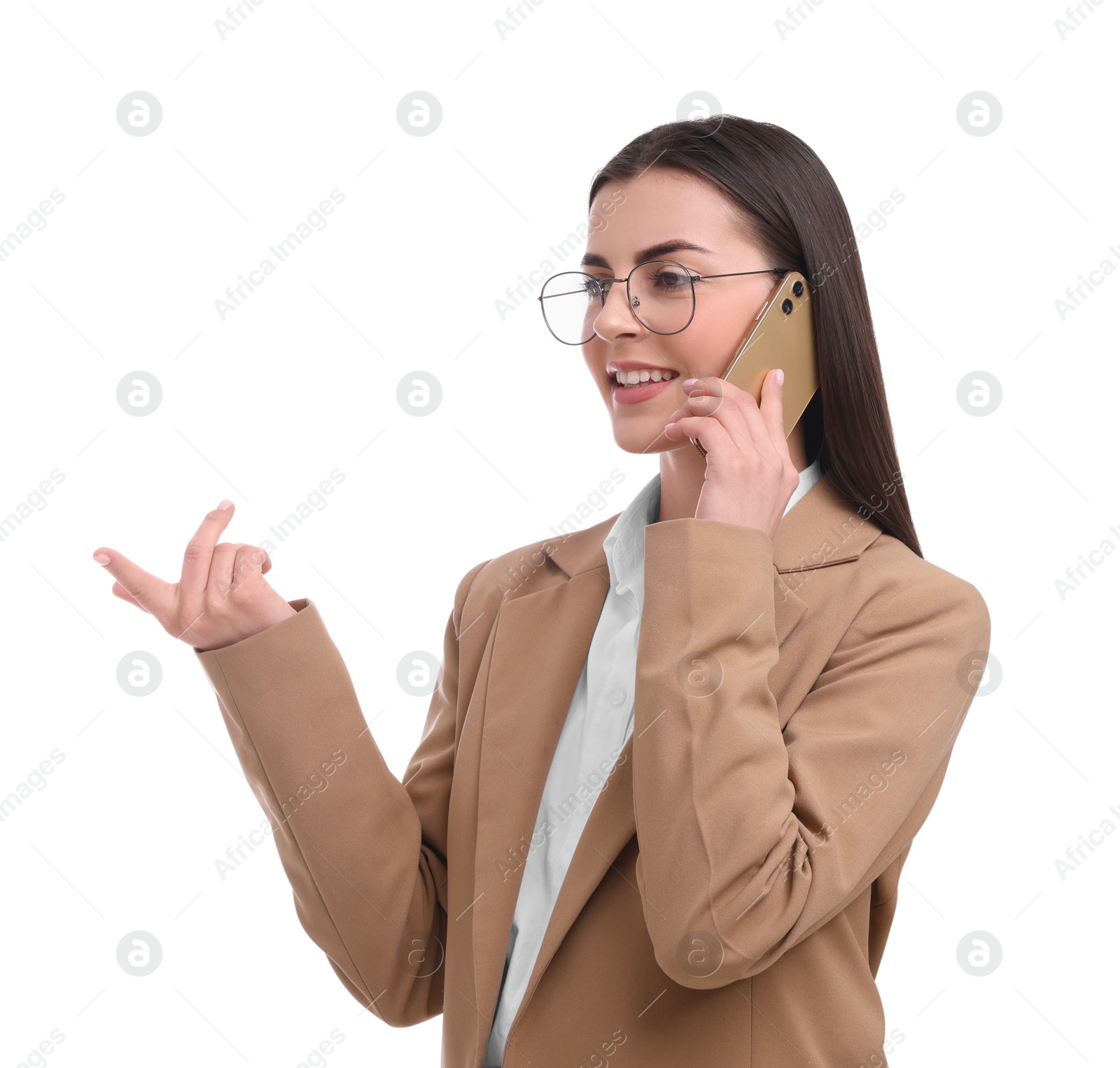 Photo of Beautiful happy businesswoman talking on smartphone against white background