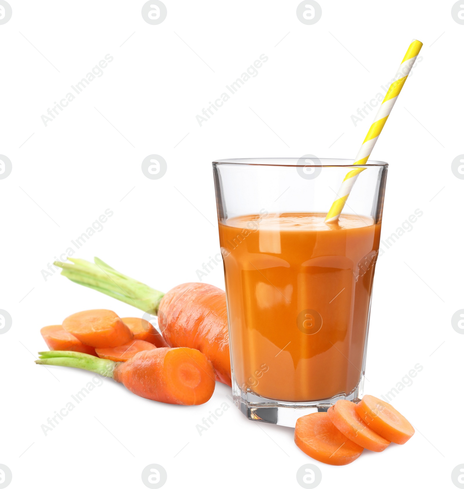 Image of Carrot juice and fresh vegetable on white background