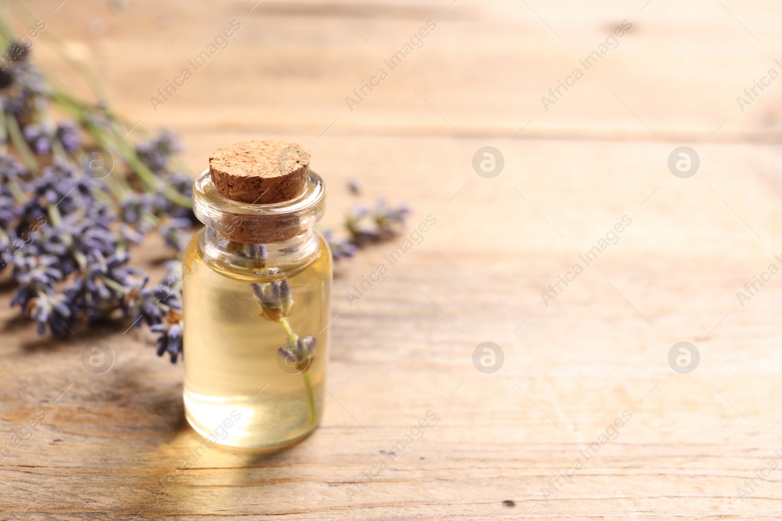 Photo of Bottle of essential oil and lavender flowers on wooden table, space for text