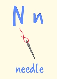 Illustration of Learning English  alphabet. Card with letter N and needle, illustration