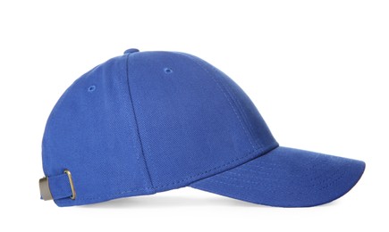 Photo of Stylish blue baseball cap isolated on white