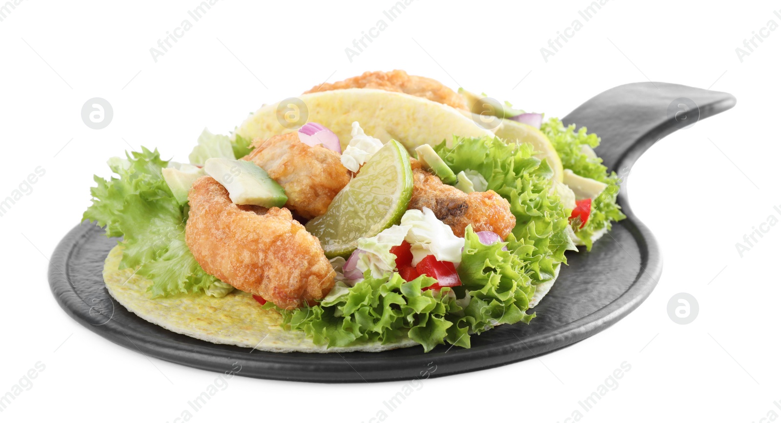 Photo of Delicious fish tacos with lime isolated on white