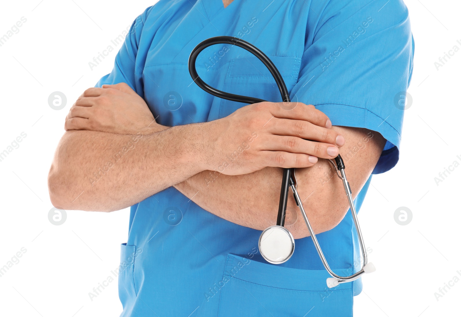 Photo of Medical assistant with stethoscope on white background, closeup