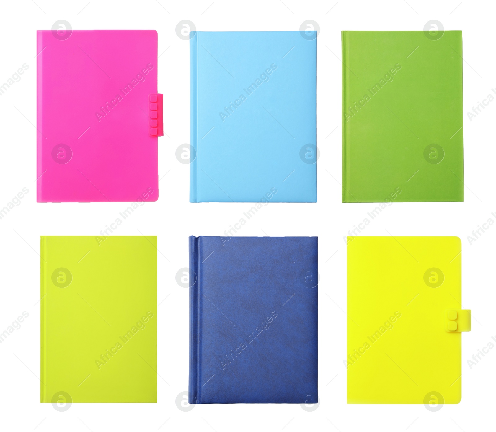 Image of Set with stylish colorful notebooks on white background, top view